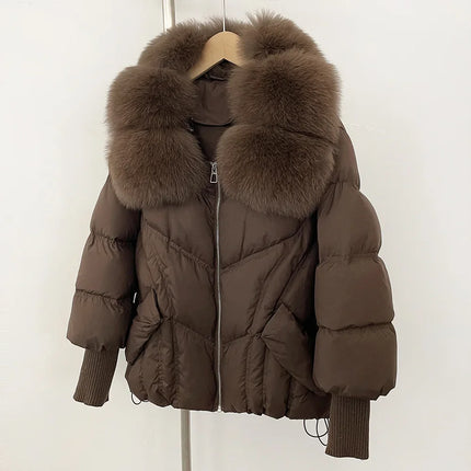 Outwears Female Zipper Quilted Jacket Winter Short Natural Big Fur Collar Warm Down Jacket