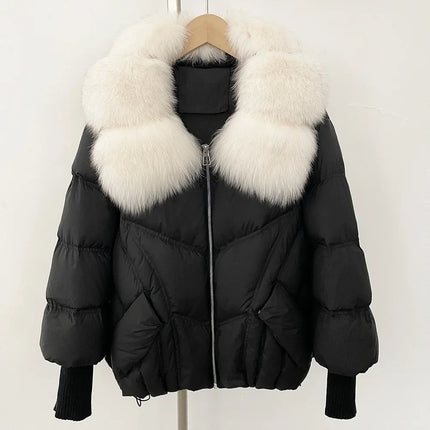 Outwears Female Zipper Quilted Jacket Winter Short Natural Big Fur Collar Warm Down Jacket