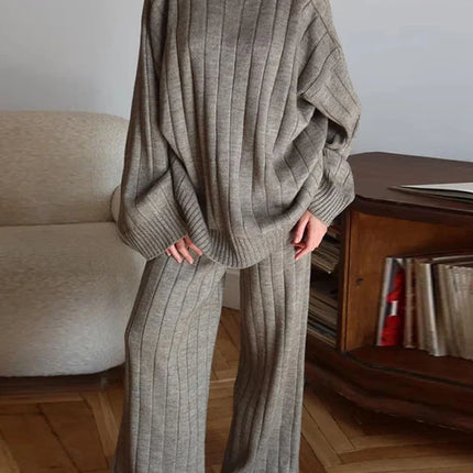 Solid Ribbed Knit Sweater And Pants Set