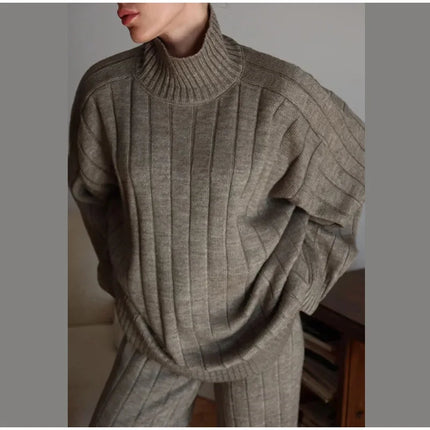 Solid Ribbed Knit Sweater And Pants Set