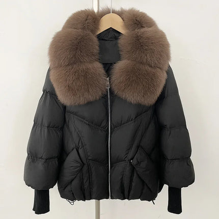 Outwears Female Zipper Quilted Jacket Winter Short Natural Big Fur Collar Warm Down Jacket