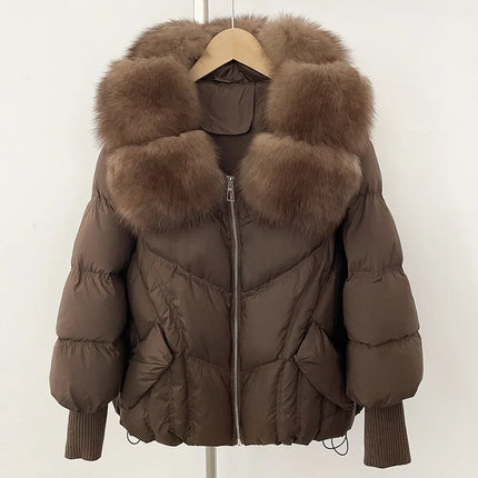 Outwears Female Zipper Quilted Jacket Winter Short Natural Big Fur Collar Warm Down Jacket