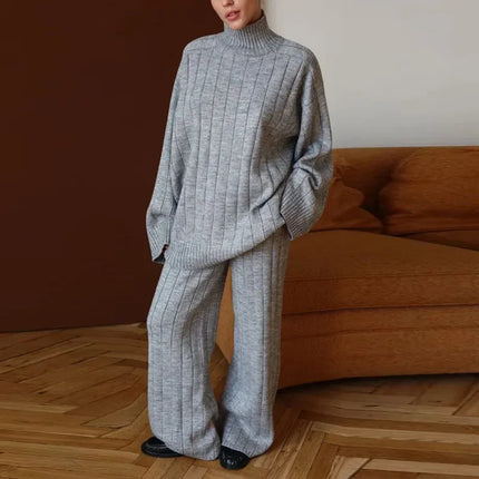 Solid Ribbed Knit Sweater And Pants Set