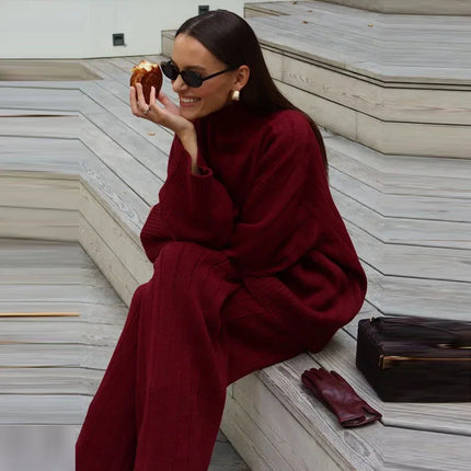 Solid Ribbed Knit Sweater And Pants Set