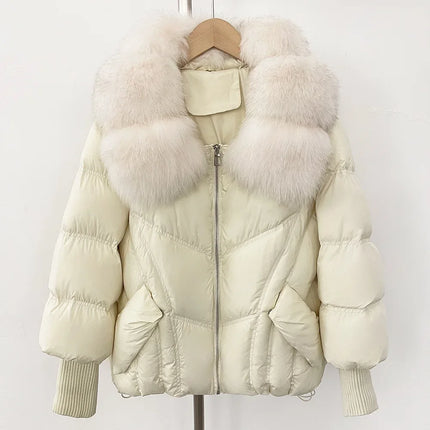 Outwears Female Zipper Quilted Jacket Winter Short Natural Big Fur Collar Warm Down Jacket