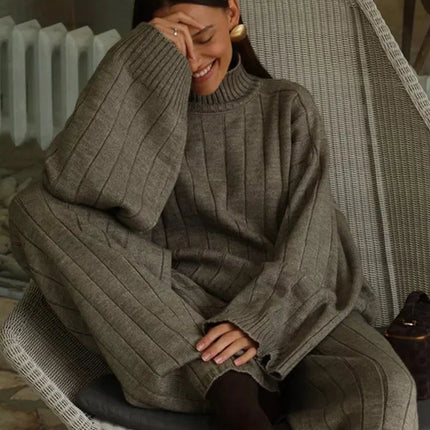 Solid Ribbed Knit Sweater And Pants Set