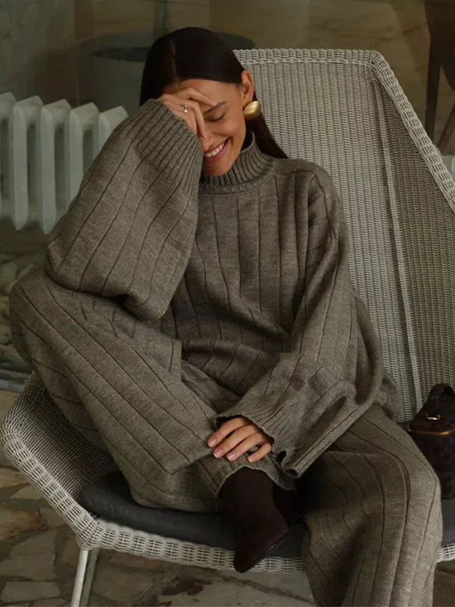 Solid Ribbed Knit Sweater And Pants Set