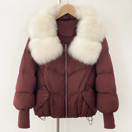 Outwears Female Zipper Quilted Jacket Winter Short Natural Big Fur Collar Warm Down Jacket