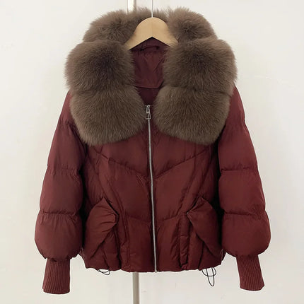 Outwears Female Zipper Quilted Jacket Winter Short Natural Big Fur Collar Warm Down Jacket