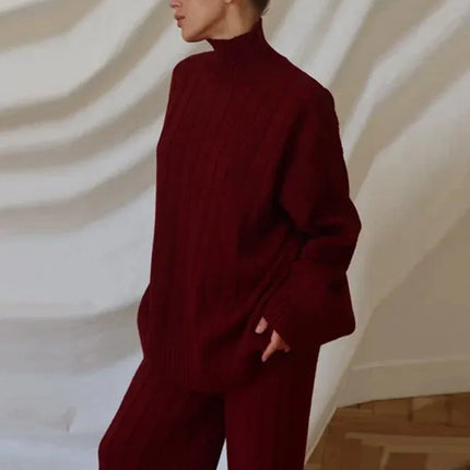 Solid Ribbed Knit Sweater And Pants Set