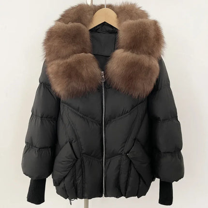 Outwears Female Zipper Quilted Jacket Winter Short Natural Big Fur Collar Warm Down Jacket