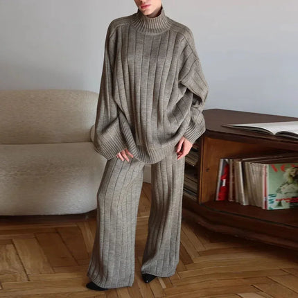 Solid Ribbed Knit Sweater And Pants Set