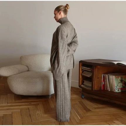 Solid Ribbed Knit Sweater And Pants Set