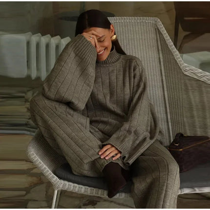 Solid Ribbed Knit Sweater And Pants Set