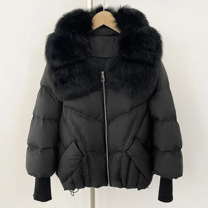Outwears Female Zipper Quilted Jacket Winter Short Natural Big Fur Collar Warm Down Jacket