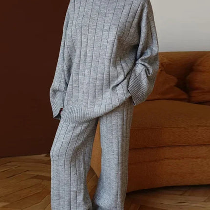 Solid Ribbed Knit Sweater And Pants Set