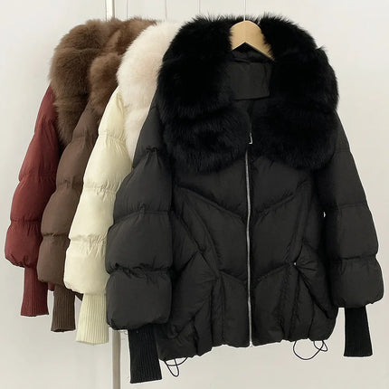 Outwears Female Zipper Quilted Jacket Winter Short Natural Big Fur Collar Warm Down Jacket